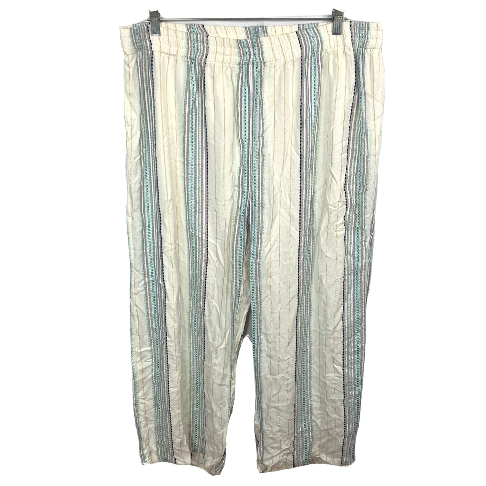 NWT Krazy Kat Pants Womens Sz 2X Ivory Blue Metallic Striped Wide Leg Pull‎ On